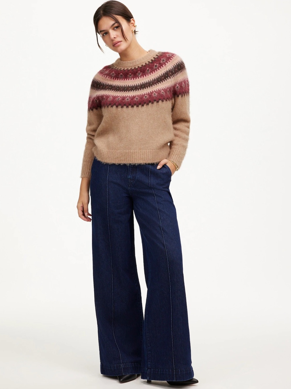 Madewell Fair Isle Alpaca Blend Wool Crewneck Sweater Camel XXS Fall Autumnal